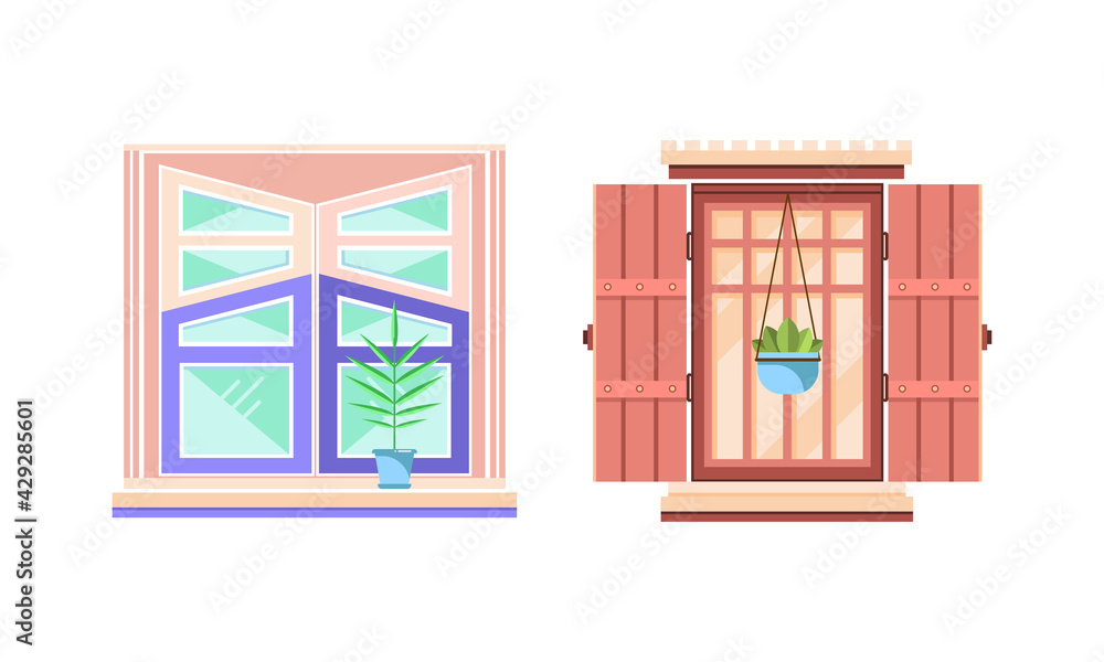 Poster hinged or sash window with shutters and flower pot rested on sill vector set.