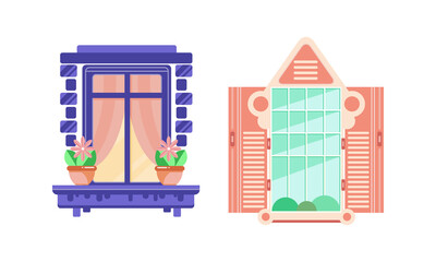 Obraz premium Hinged or Sash Window with Shutters and Flower Pot Rested on Sill Vector Set.