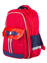 Children's school backpack in red color isolated on a white background.Preparing for school