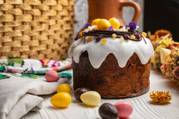 Easter cakes on a white wooden table.
