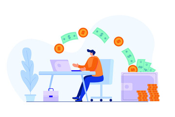Man getting paid from online work. Coins and dollar bills fly into wallet. Businessman has passive income. Financial freedom concept. Flat vector illustration