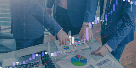 Businessmen discussing business. Stock market growth. 