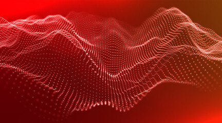 Dynamic red particle wave. Abstract sound visualization. Flow digital structure. Mesh landscape or grid data technology.