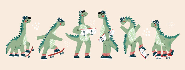 Set of cool skateboard dinosaur Collection of active skating dino boy. Clipart of summer sport of cute animals. Hand drawing cool dinosaur cartoon vector illustration for child isolated on background © Maria Petrish