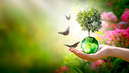 Earth Day or World Environment Day concept. Save our Planet, restore and protect Green Nature, sustainable lifestyle and Climate literacy theme. Globe, Tree in hand and flying butterflies, 22 april. - obrazy, fototapety, plakaty