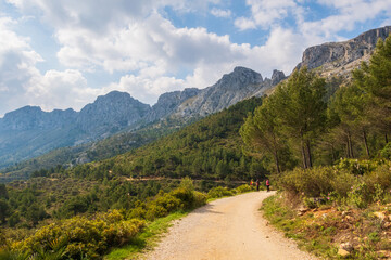 The beautiful Sierra de Bernia with its Mediterranean forest, on a spring day, with cloudy skies.