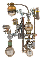 Steampunk robot on vehicle. Cyberpunk style. Chrome and bronze parts. Isolated on white.