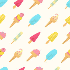 Popsicle pattern. Summer ice scream seamless background. Flat hand drawn dessert with texture.