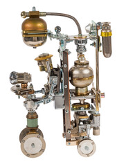Steampunk robot on vehicle. Cyberpunk style. Chrome and bronze parts. Isolated on white.