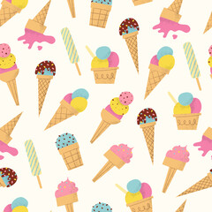 Ice cream pattern. Cute colorful summer seamless background. Hand drawn flat illustration with vector texture.