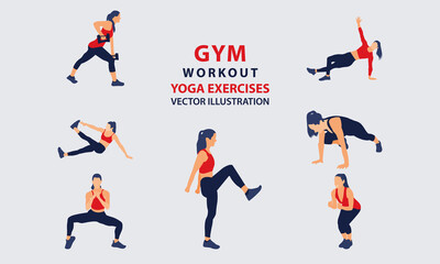 Fototapeta na wymiar gym Workout full body girls set vector illustration. Woman training, fitness, gymnastics, bodybuilding, lifting, yoga exercises, muscles, Lunges and squats, plank and abc.