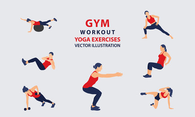 gym Workout full body girls set vector illustration. Woman training, fitness, gymnastics, bodybuilding, lifting, yoga exercises, muscles, Lunges and squats, plank and abc.