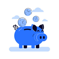Funny blue piggy bank and falling inside clock faces coins