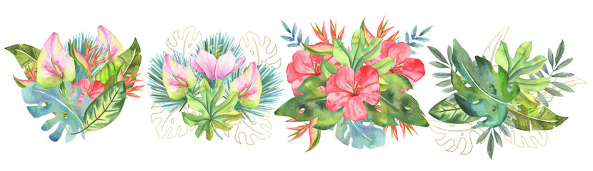 Watercolor Illustrations in tropical theme Summer Flowers