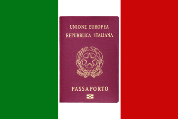 Italian biometric passport of the European Union against flag of Italy