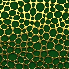 Background 3d render for the design. On a green background, a golden texture with round holes.