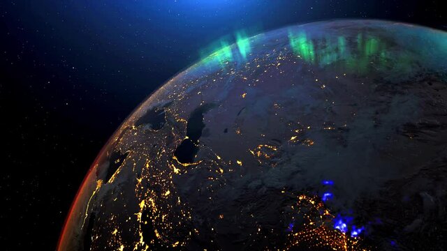 Earth from space rotation day to night skyline with aurora light. The globe spinning on satellite view space travel. Realistic 3d rendering animation. elements of this image furnished by NASA.