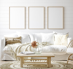 Mock up frame in cozy home interior background, coastal style living room, 3d render