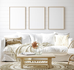 Mock up frame in cozy home interior background, coastal style living room, 3d render © artjafara