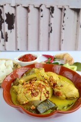 Opor ayam, chicken cooked in coconut milk from Central Java, Indonesia. Served with lontong (compressed rice cake). Popular dish for lebaran or Eid al-Fitr