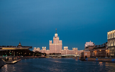 Evening view of the city of Moscow. City landscape, view of the Moscow river  and  Stalin skyscraper. 