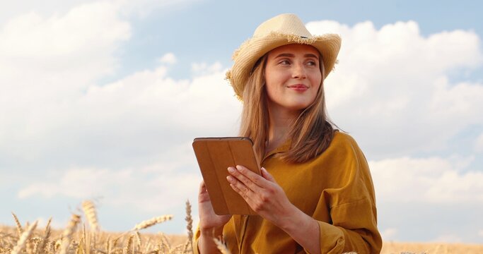 Portrait of happy pretty Caucasian young woman in hat smiling and typing on tablet while standing in wheat field and looking away. Beautiful joyful girl texting on device in village. Non-urban concept
