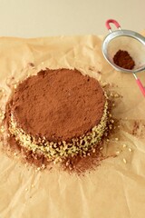 No bake vegan almond date chocolate cake