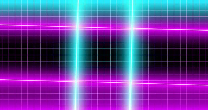 Futuristic sci-fi space background with glowing rotating neon lights, bright blue and purple rays on a dark background, in the style of cyberpunk, 4k video 