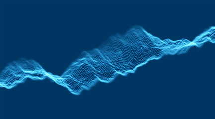 Dynamic blue particle wave. Abstract sound visualization. Flow digital structure. Mesh landscape or grid data technology.