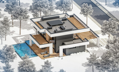 3d rendering of modern cozy house with pool and parking for sale or rent in luxurious style and beautiful landscaping on background. Cool winter day with shiny white snow.