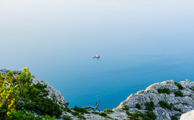 View from mountain to the sea and the lone ship