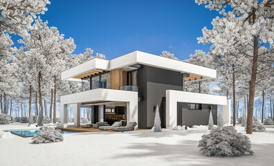 Obraz na płótnie Canvas 3d rendering of modern cozy house with pool and parking for sale or rent in luxurious style and beautiful landscaping on background. Cool winter day with shiny white snow.
