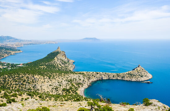 Summer seascape. Vew of Cape Kapchik and Golitsyn Trail in Novy Svet, Crimea