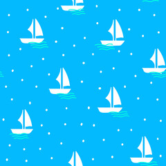 Seamless vector pattern in marine style with floating white boat, waves and dots, childish nautical print for textile, fabric design,interior decoration, kids wear,baby illustration on blue background