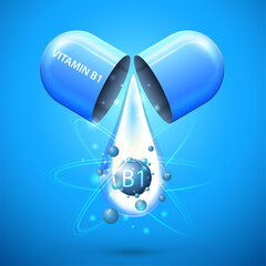 Blue pill capsule with drop of vitamin B1. Blue poster with abstract vitamin B1