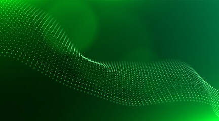 Dynamic green particle wave. Abstract sound visualization. Flow digital structure. Mesh landscape or grid data technology.