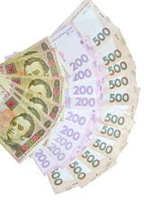 fans of 500,200, 100 hryvnia bills (ukrainian money)   isolated on white background with free space for your text. Money and financial concept