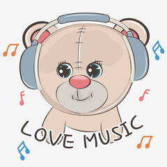 Cute cartoon bear baby wearing headphones and listening to music.