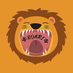 Cute cartoon lion with open mouth roaring.