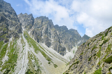 Scenery of high green mountains, sky with clouds. High Tatras Slovakia. Beautiful mountain landscape