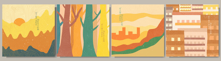 Vector illustration landscape. Japanese wave pattern. Asian style. Colorful background collection. Woodland, cityscape, mountains and hills. Design for social media template, banner. Vintage concept