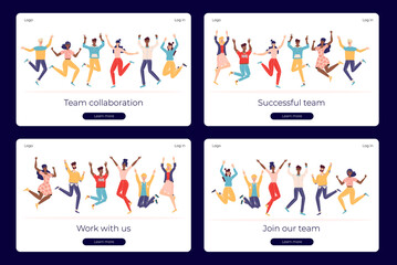 Happy people jumping set. Group of joyful people with raised hands jumping together. Positive and laughing men and women. Young funny teens guys and girls. Template for website or web landing page. .