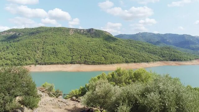 the Tranco reservoir seen from the drone. Located in the Natural Park of the Sierras de Cazorla, Segura y las Villas, Spain
