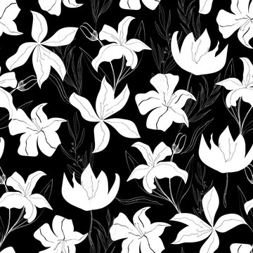 floral seamless pattern. Vintage flowers, ink drawing.