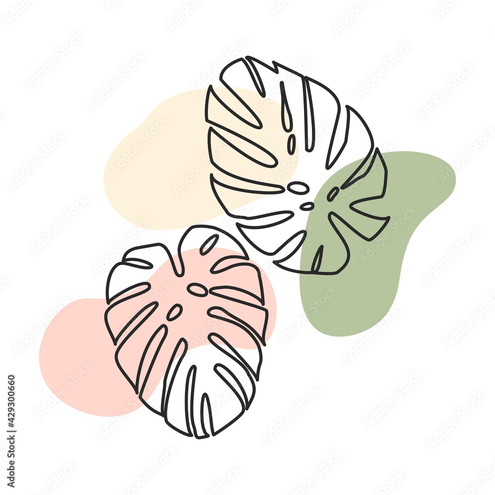 Aufkleber background template from black linear shape of a leaf and abstract color spots. vector design for wa