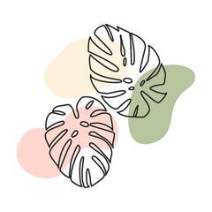 Background template from black linear shape of a leaf and abstract color spots. Vector design for wall decoration, postcard, invitation card or post on social networks.