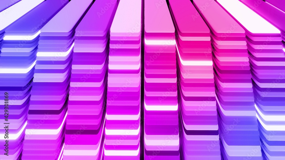 Poster 3d render. 3d abstract geometric creative dark bg, black columns flashing multicolor neon light rand