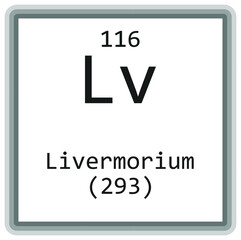 ,  Livermorium  Chemical Element Periodic Table. Square vector illustration, colorful clean style Icon with molar mass and atomic number for Lab, science or chemistry education.