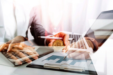 Fototapeta premium Businesswoman use laptop ,analytics and financial and bank technology concept, chart from computer laptop,Business growth concept