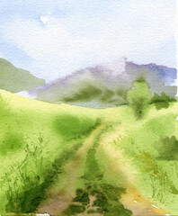 Landscape with a green field, road,  mountain and trees. Watercolour illustration for background or poster